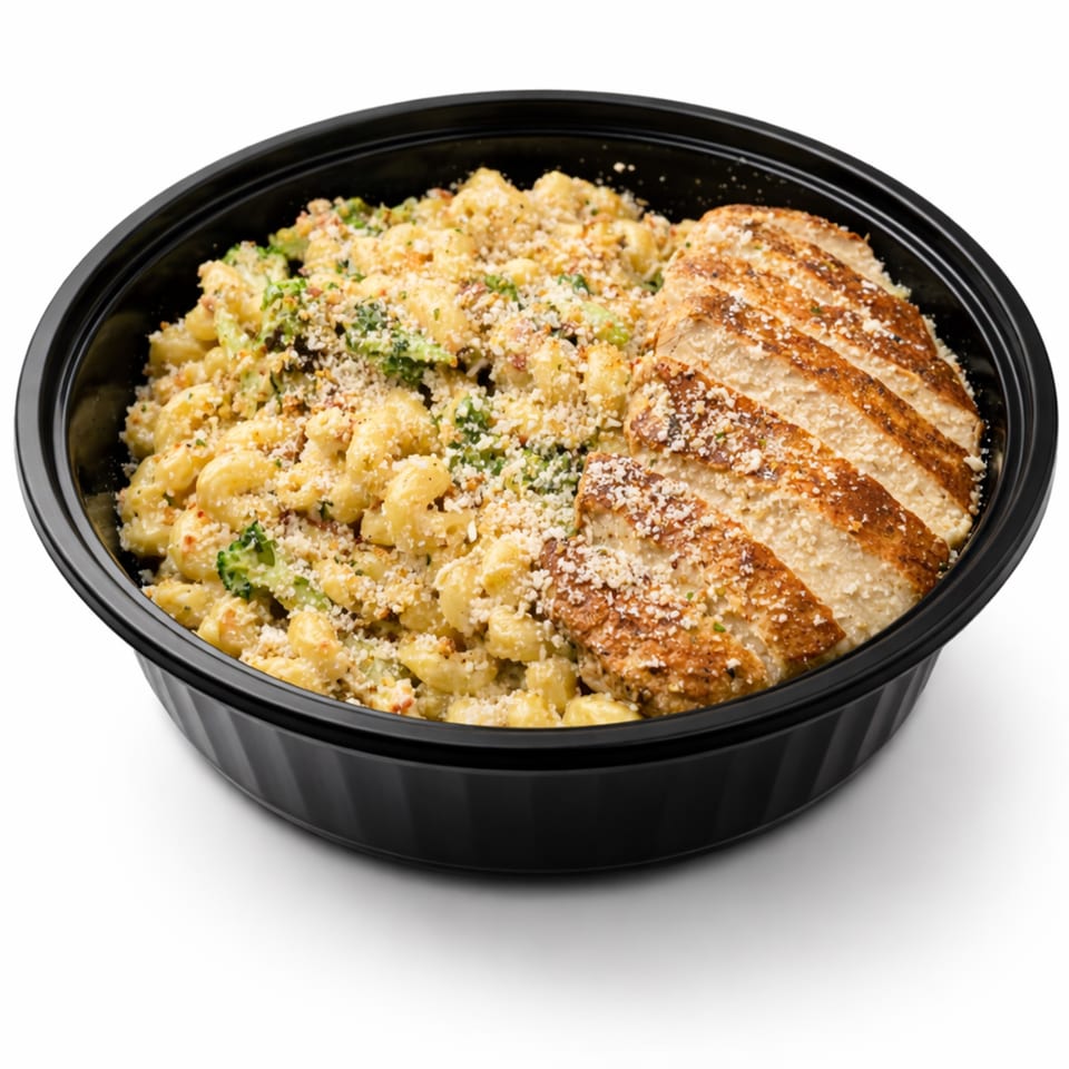 Vegan mac and cheese with broccoli and grilled plant-based chicken in a black bowl.